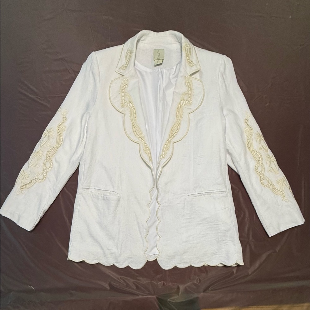 Joie White/Ivory Linen Blend Blazer w/Cream Embroidery Scallop Edges Small - Picture 2 of 11